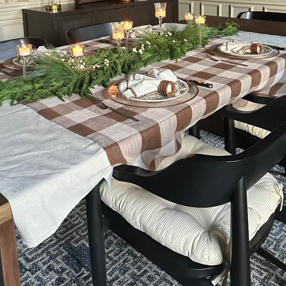 Madrid Natural Gingham Dining Chair Pads - Made in USA - 100% Cotton - Machine Washable