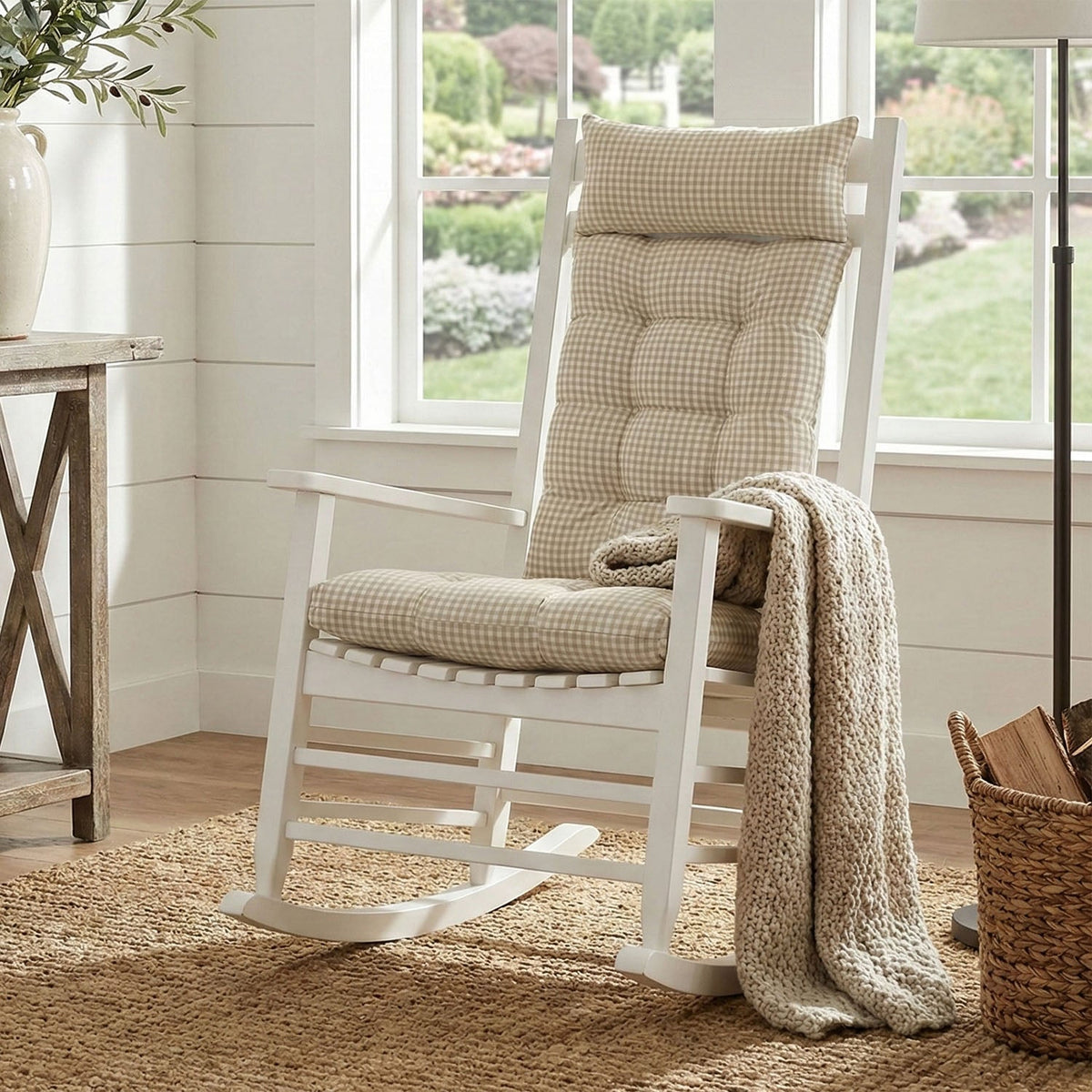 Madrid Natural Gingham Rocking Chair Cushions - Made in USA - 100% Cotton