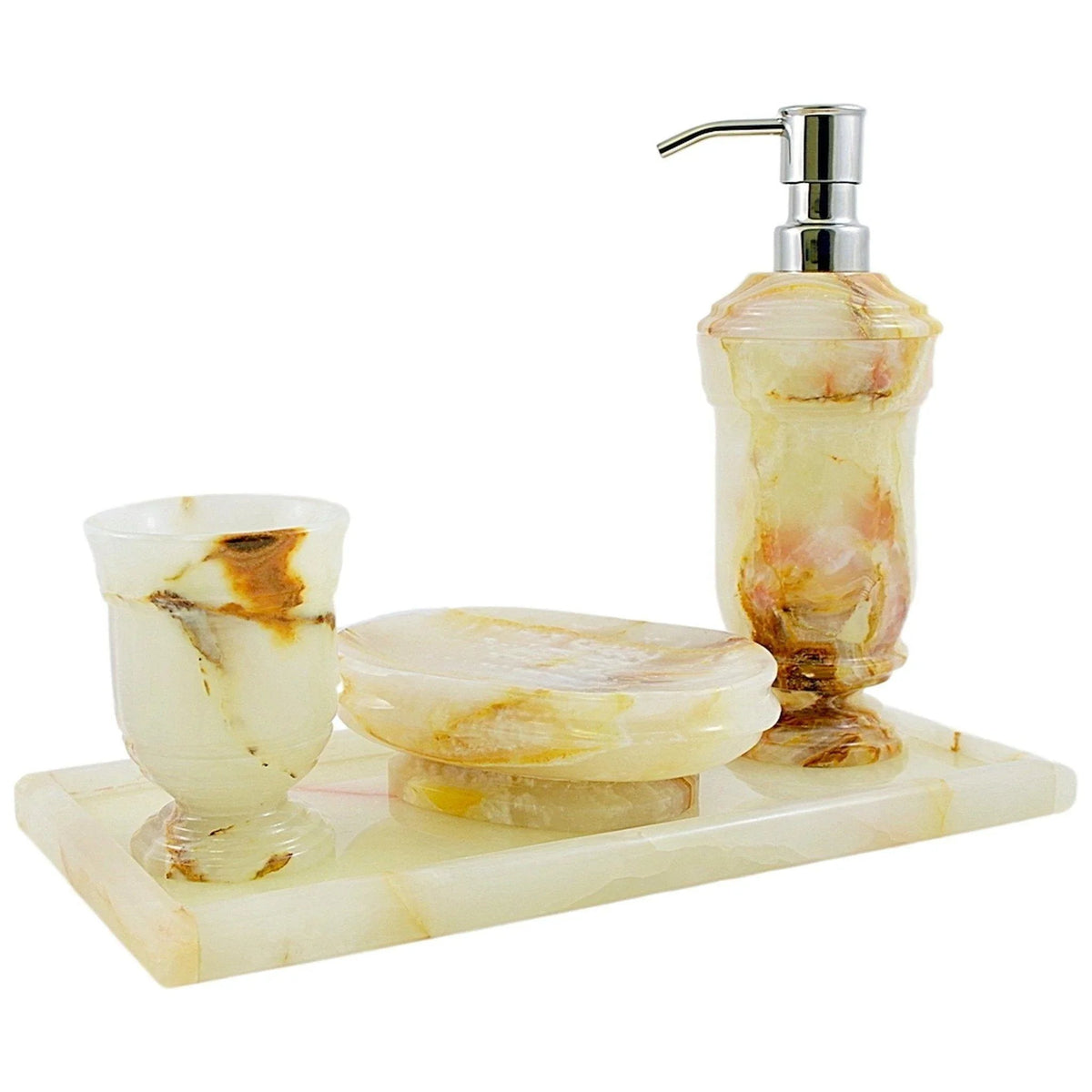 Set da bagno in marmo | Set da 4 pezzi in onice bianco con vassoio da toeletta