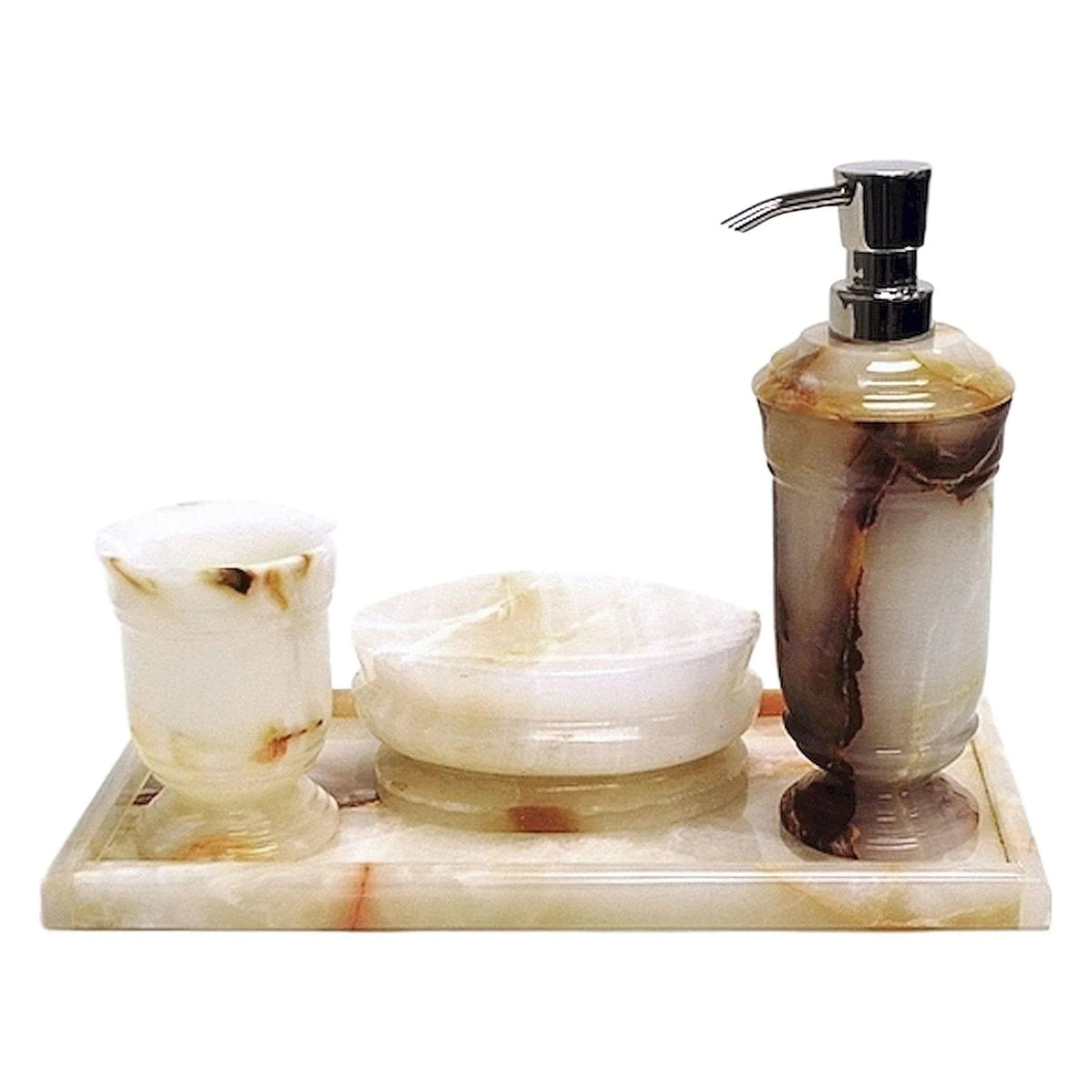 Set da bagno in marmo | Set da 4 pezzi in onice bianco con vassoio da toeletta