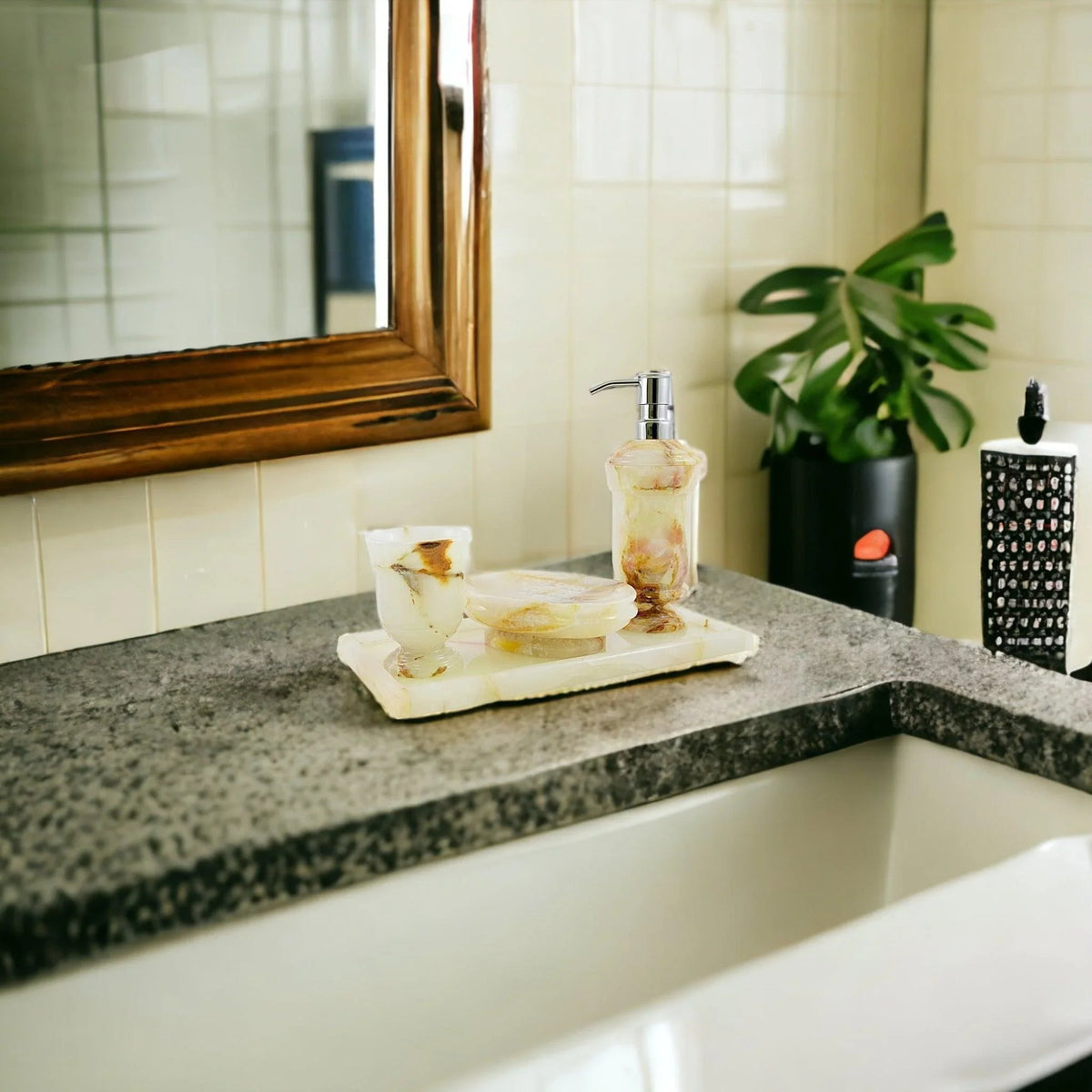 Set da bagno in marmo | Set da 4 pezzi in onice bianco con vassoio da toeletta