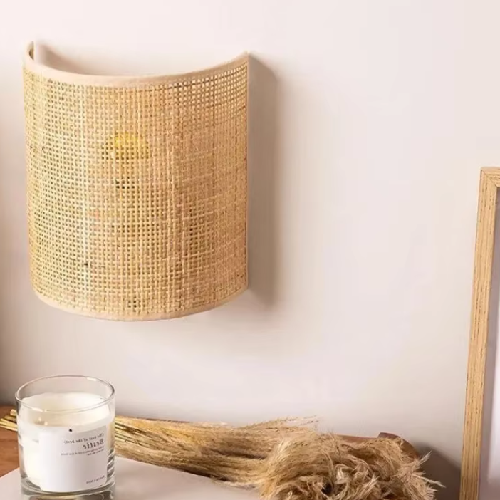 Handcrafted Natural Rattan Half-Circle Wall Sconce | Woven Mesh Wall Light