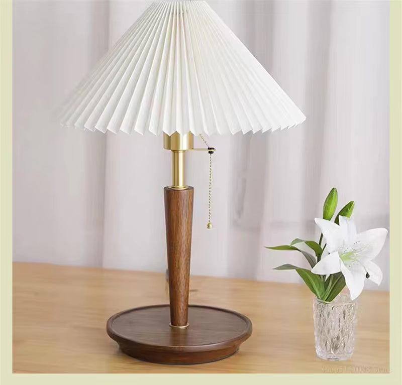 Pleated Fabric Shade & Wood Table Lamp | Vintage Brass Desk Light