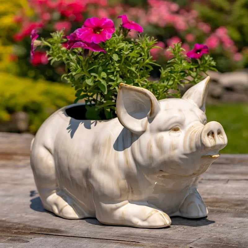 Cache-pot cochon en céramique style ferme rose poudré
