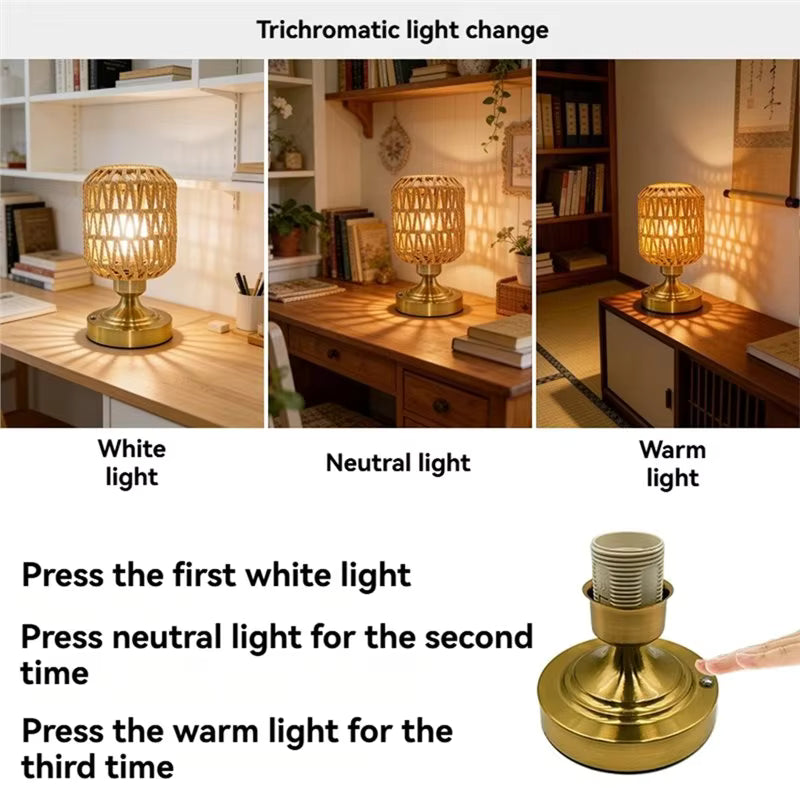 Hemp Rope Woven Table Lamp | Rustic Wooden Base Desk Light