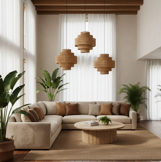 Luminous Cascade Rattan Pendant Light – Tiered Hand-Woven Coastal Vibe
