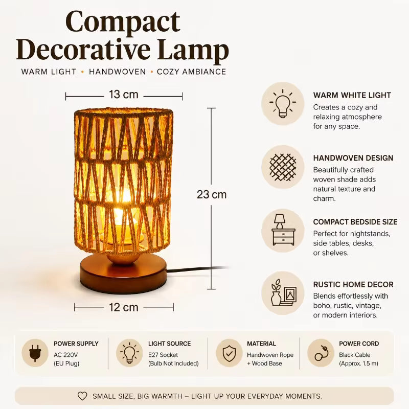 Hemp Rope Woven Table Lamp | Rustic Wooden Base Desk Light