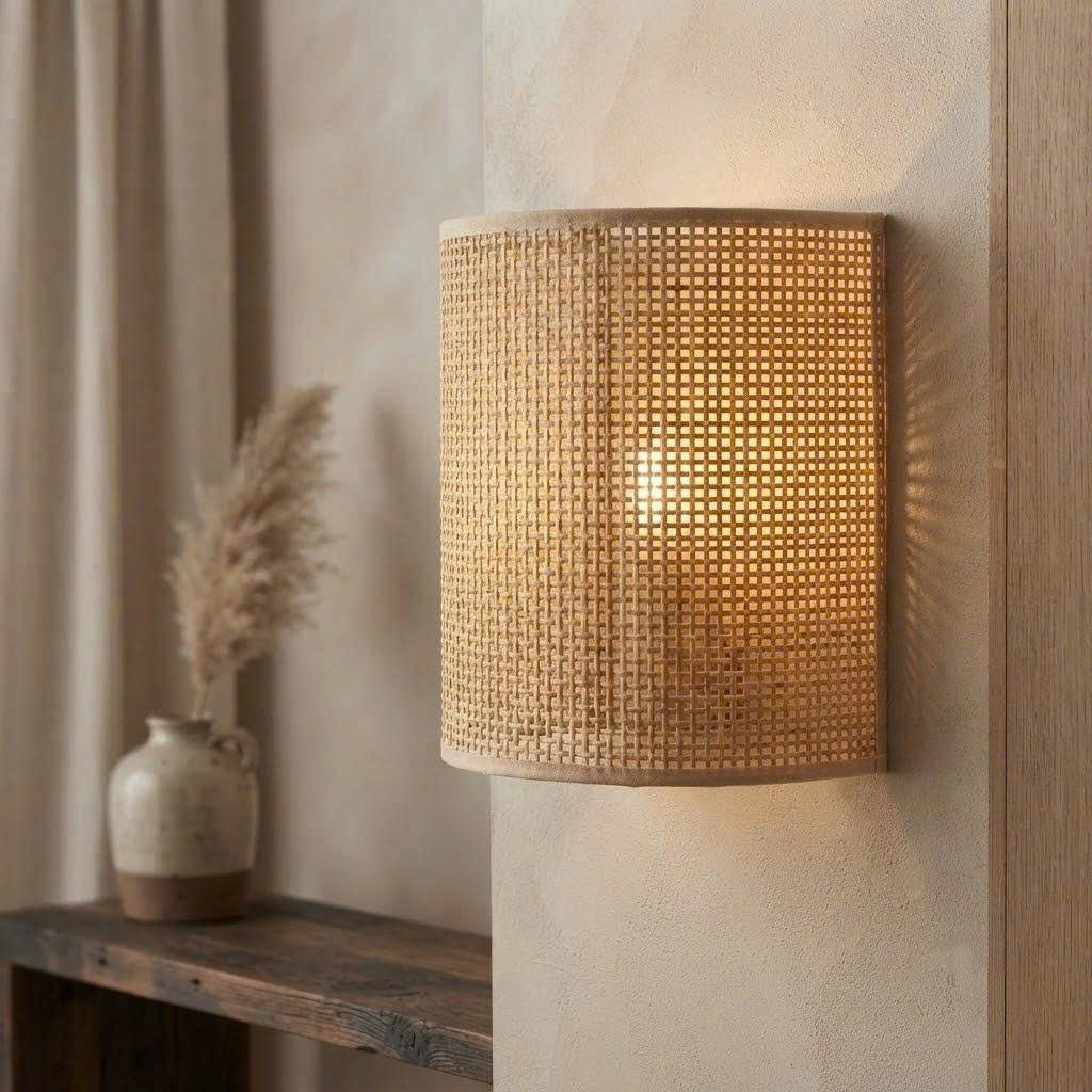 Handcrafted Natural Rattan Half-Circle Wall Sconce | Woven Mesh Wall Light