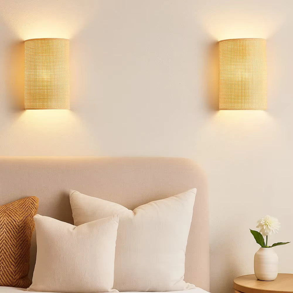 Handcrafted Natural Rattan Half-Circle Wall Sconce | Woven Mesh Wall Light