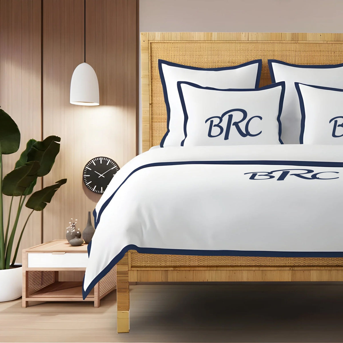 Parure de lit avec housse de couette à cadre bordé, en satin de coton 400 fils au pouce carré avec monogramme