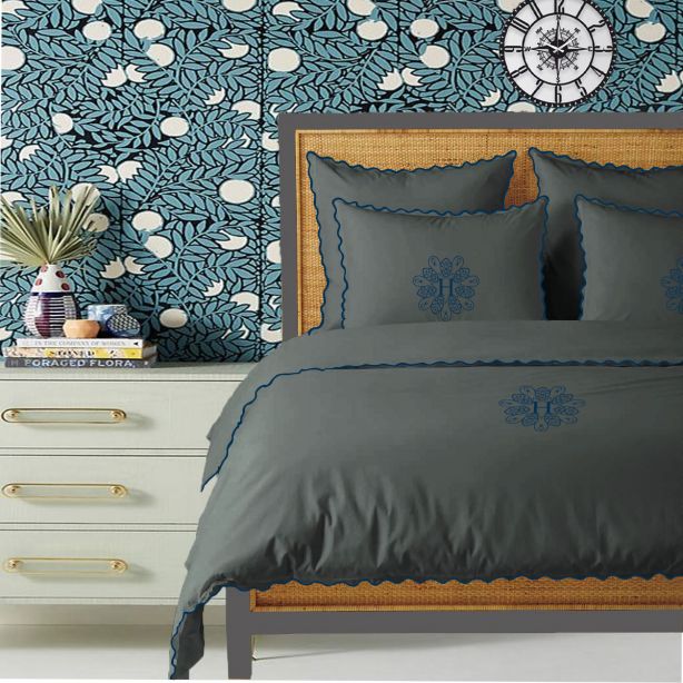 Parure de couette Monogram gris foncé, 400 fils, coton avec broderie à petites feston