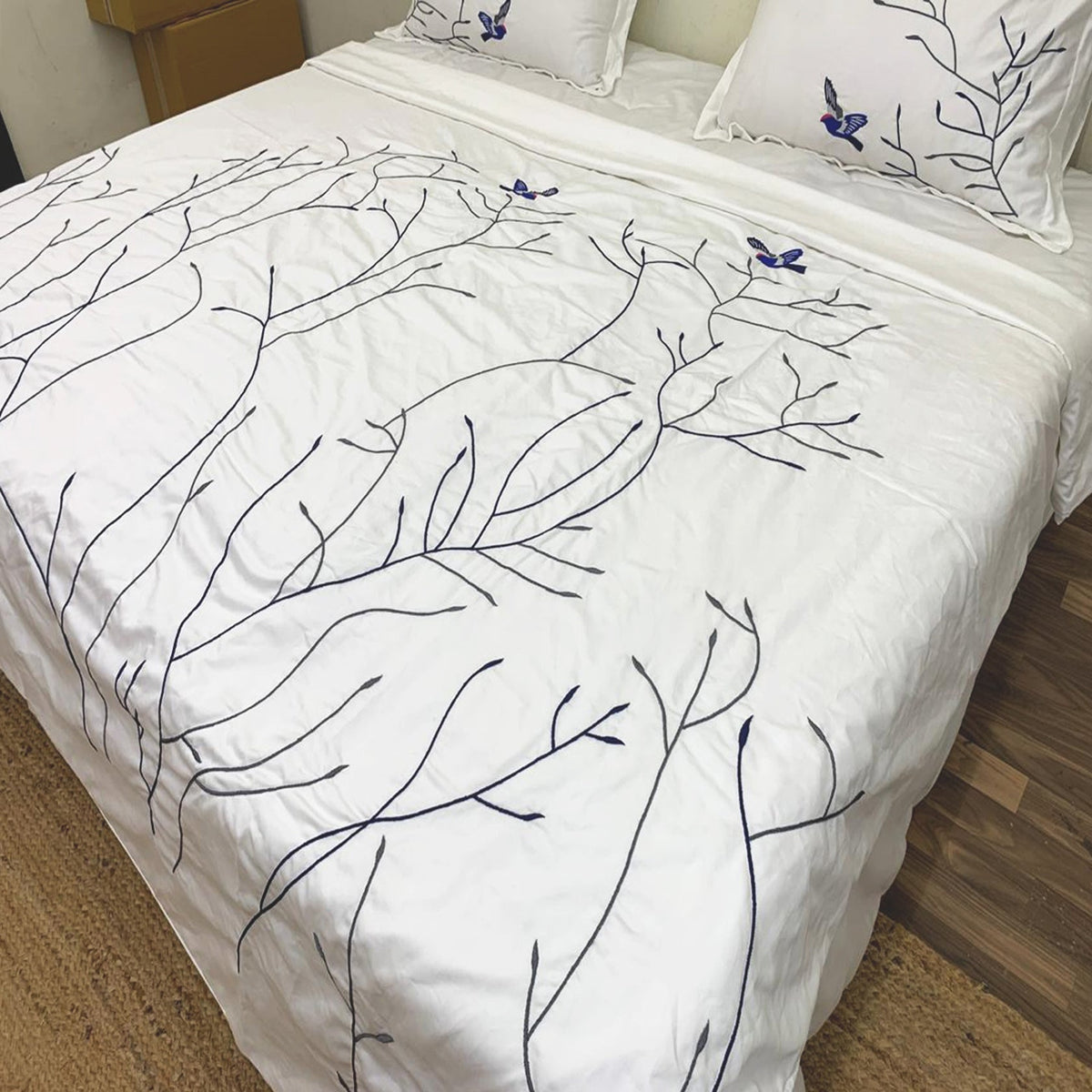 Swallow Embroidered Cotton Sateen Duvet Cover Set