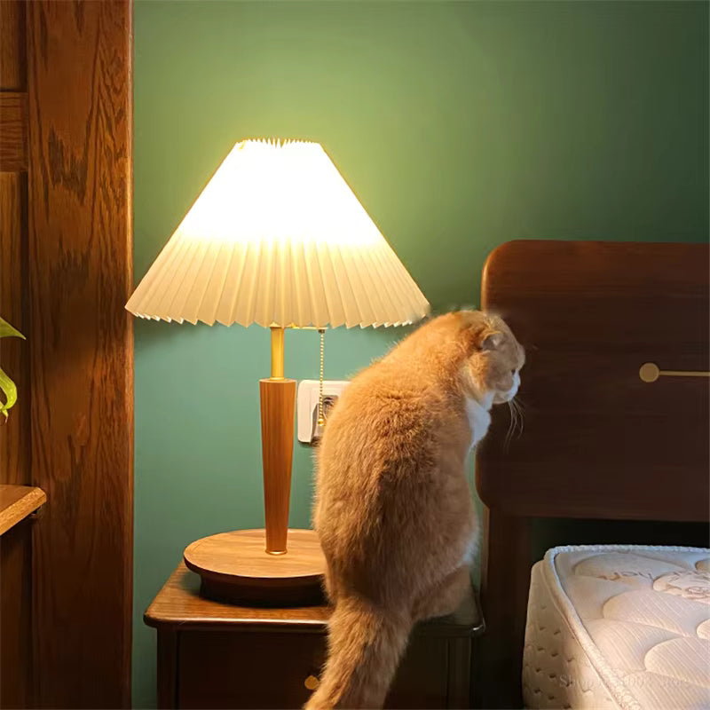 Pleated Fabric Shade & Wood Table Lamp | Vintage Brass Desk Light