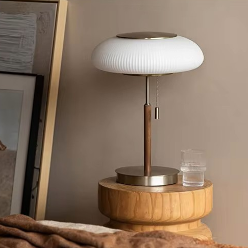 Pleated Glass & Wood Table Lamp | Vintage Brass Desk Light