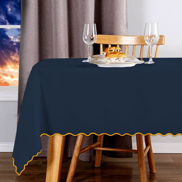 Tovaglia in cotone satinato tinta unita con ricamo a smerlo - Blu navy