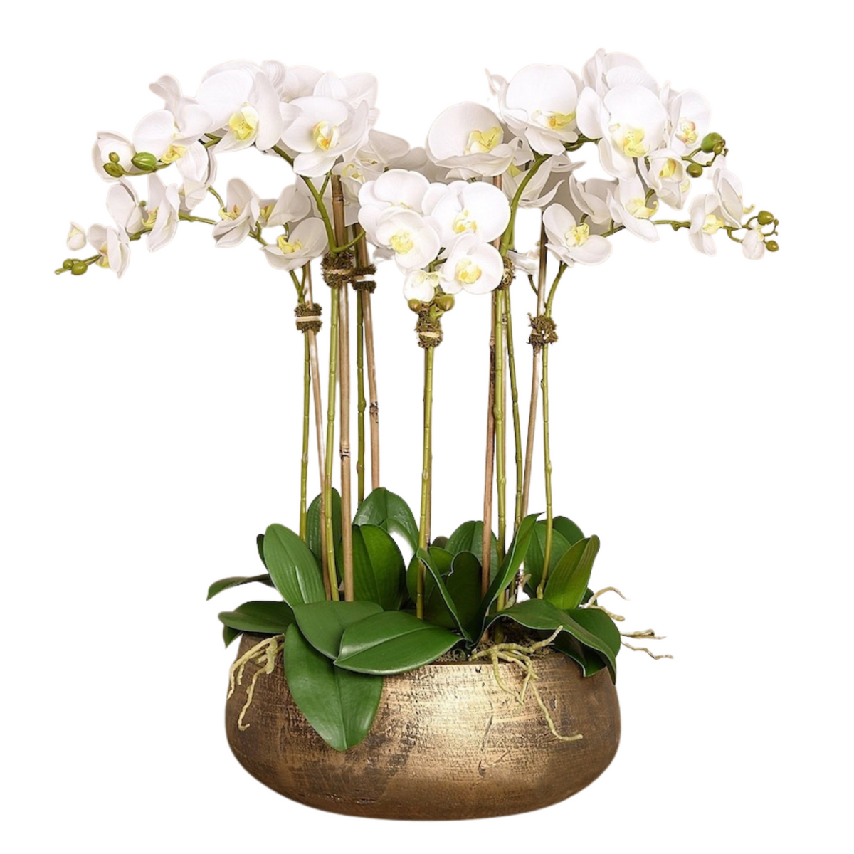Composizione di orchidea bianca artificiale in vaso color oro opaco