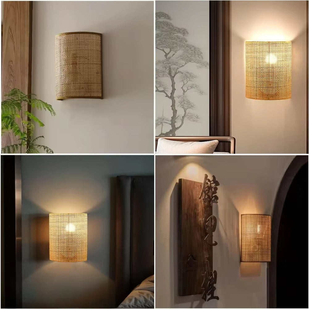 Handcrafted Natural Rattan Half-Circle Wall Sconce | Woven Mesh Wall Light