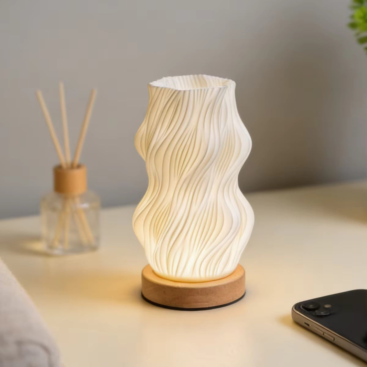 Tri-Color LED Textured Table Lamp | Wood & ABS Minimalist Desk Light