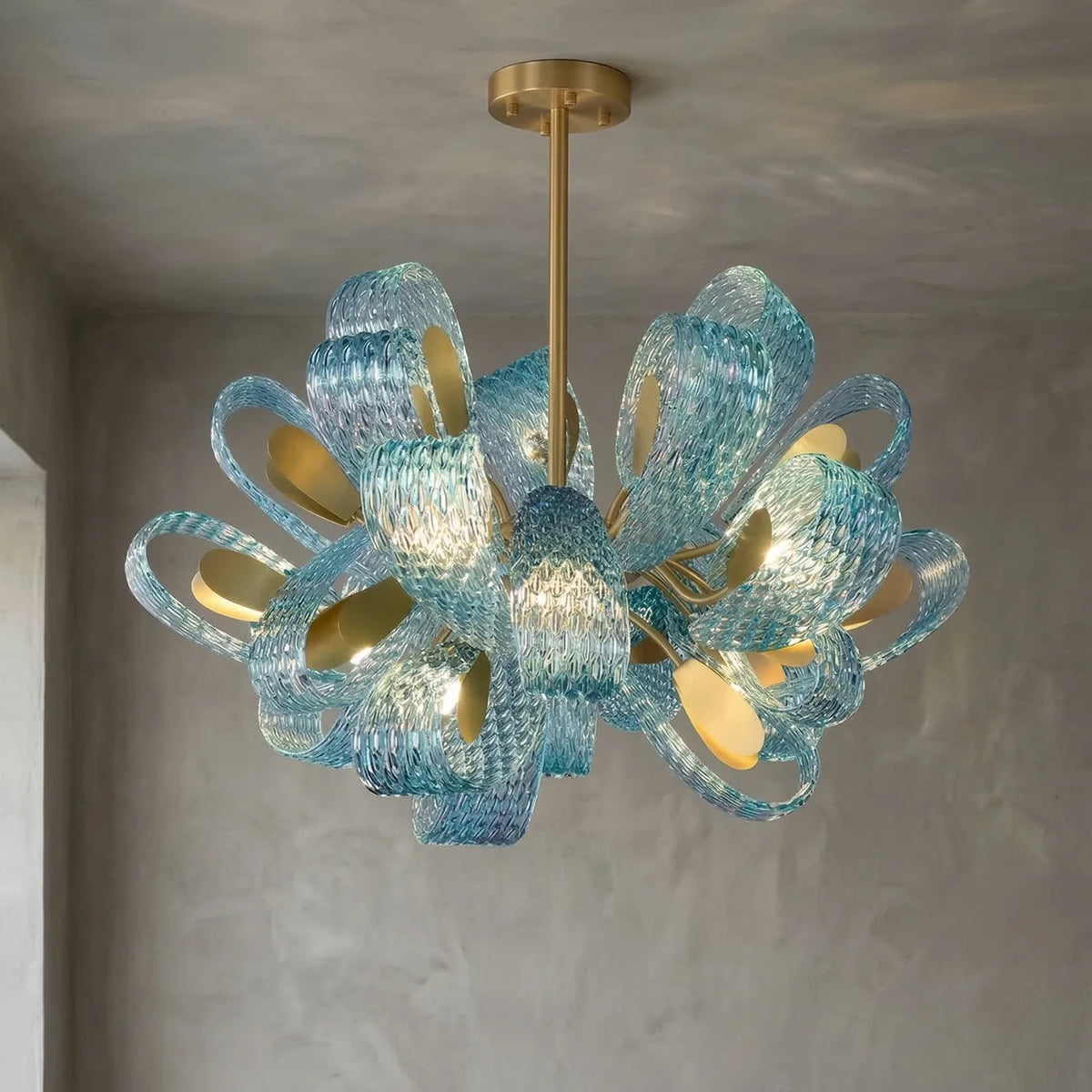 Peacock Blue Petal Art Glass Chandelier