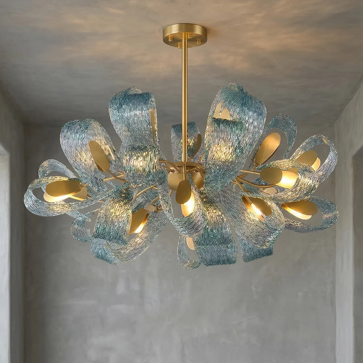 Peacock Blue Petal Art Glass Chandelier