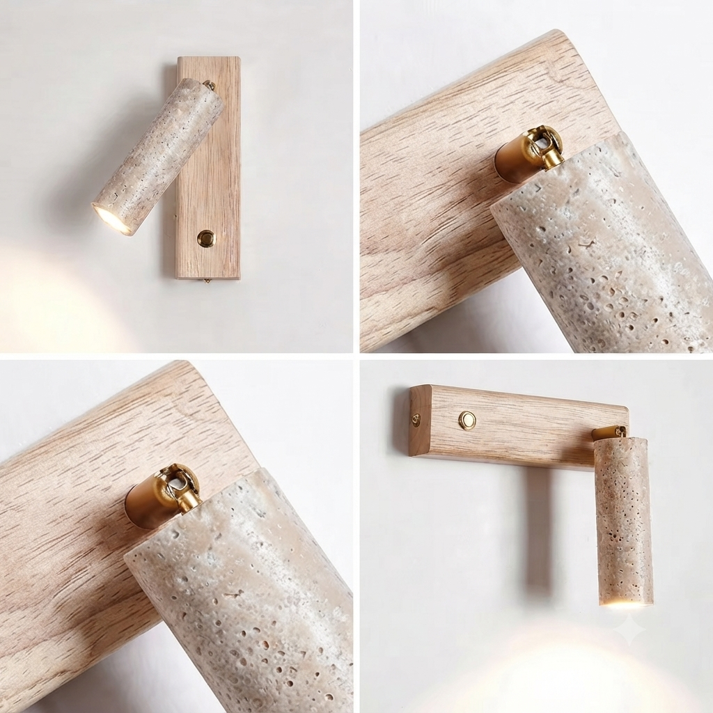 Minimalist Stone & Wooden Cylinder Wall Lamp | Modern Directional Reading Sconce