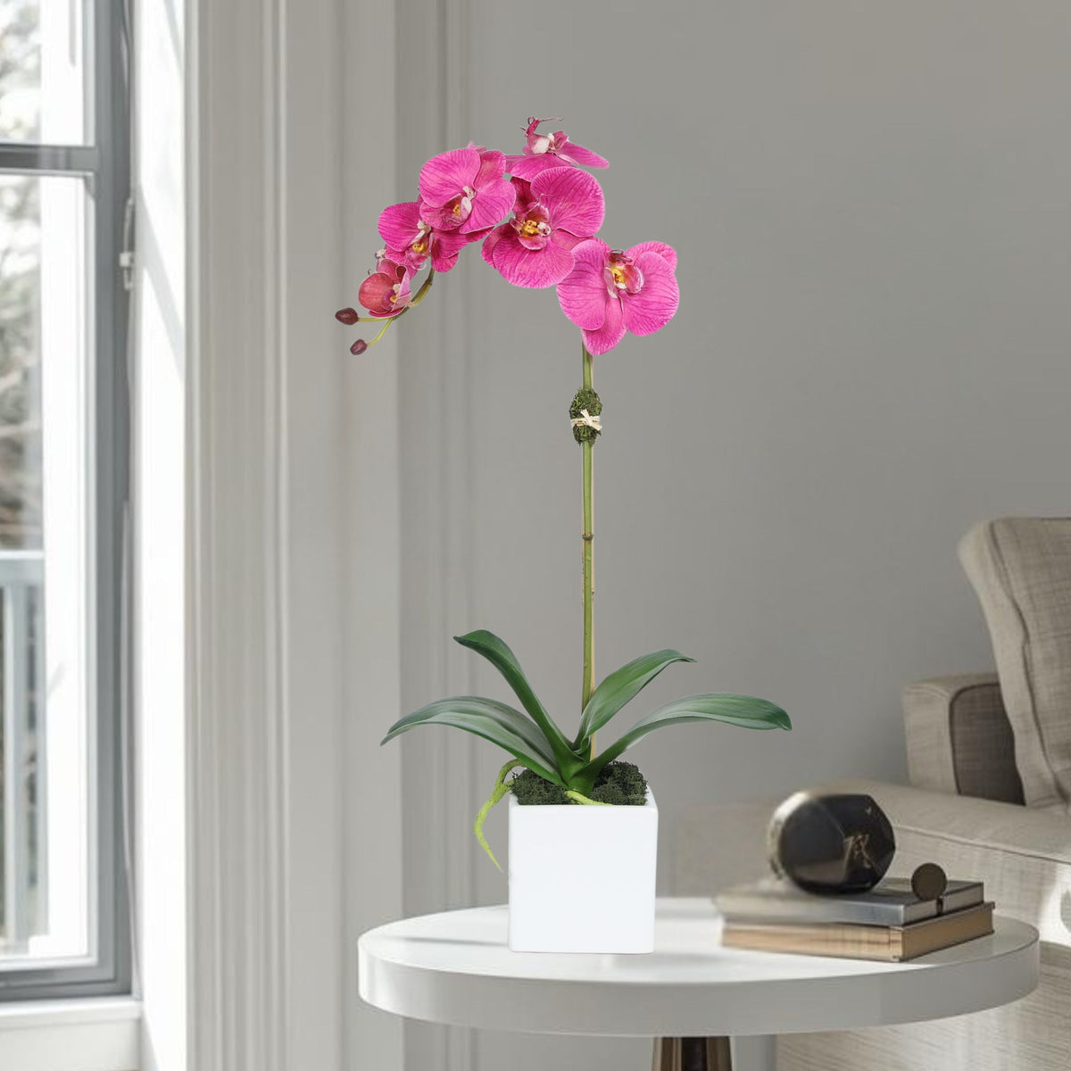 Orchidée artificielle dans vase carré - 50 cm