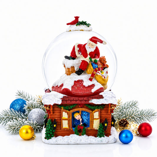 Boule à neige musicale avec Père Noël, cadeaux de Noël et cheminée