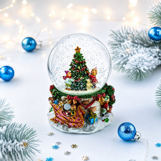 Enfants joyeux décorant un sapin de Noël : Boule à neige musicale à eau