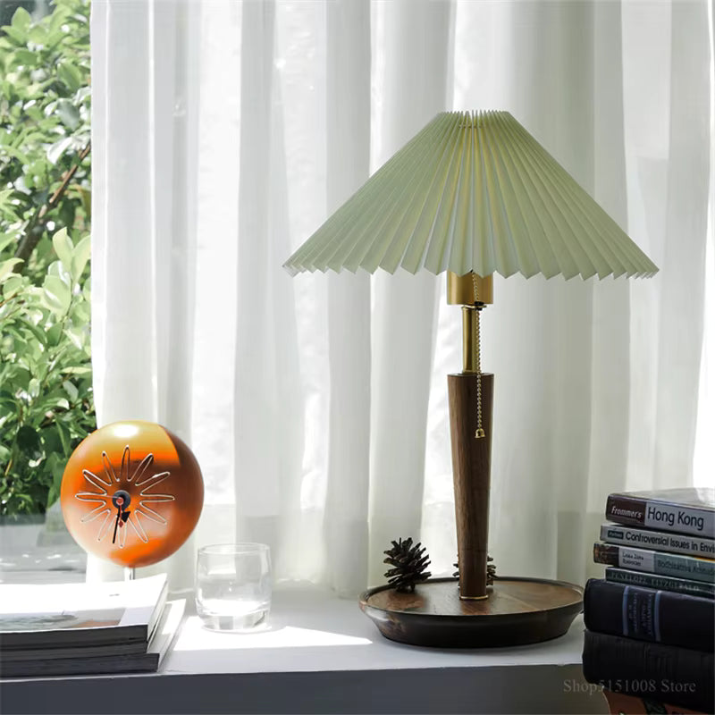 Pleated Fabric Shade & Wood Table Lamp | Vintage Brass Desk Light
