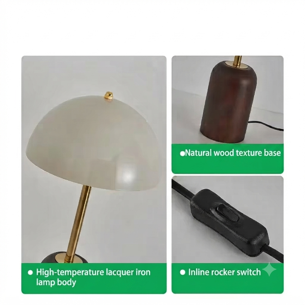 Modern Dome Metal & Wood Table Lamp | Minimalist Bedside Light