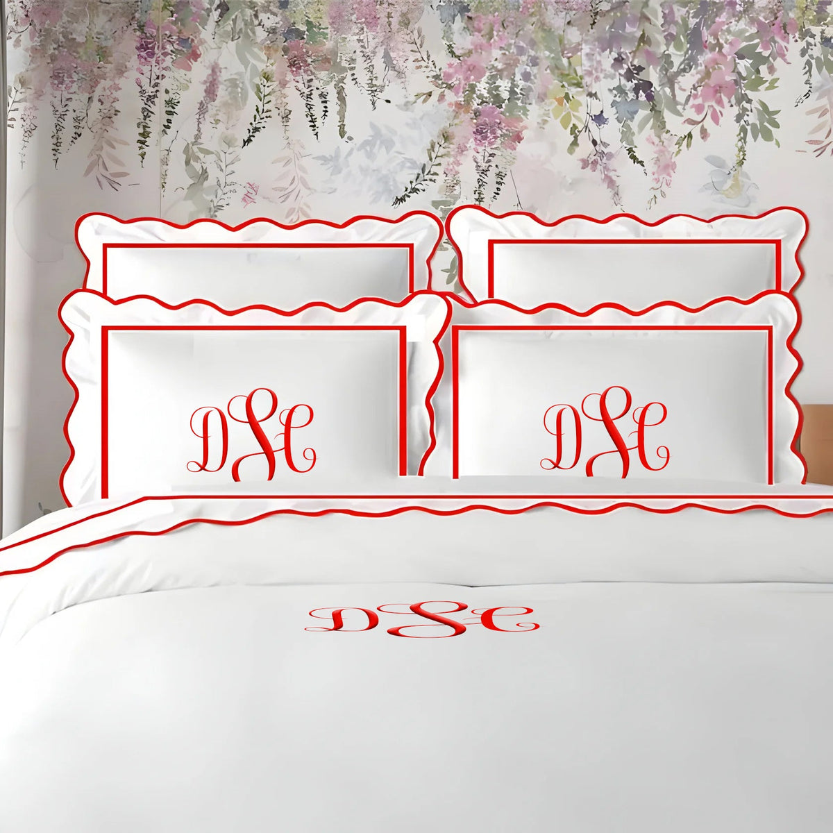 Parure de housse de couette unie en satin de coton 400 fils avec monogramme, broderie festonnée et bordure