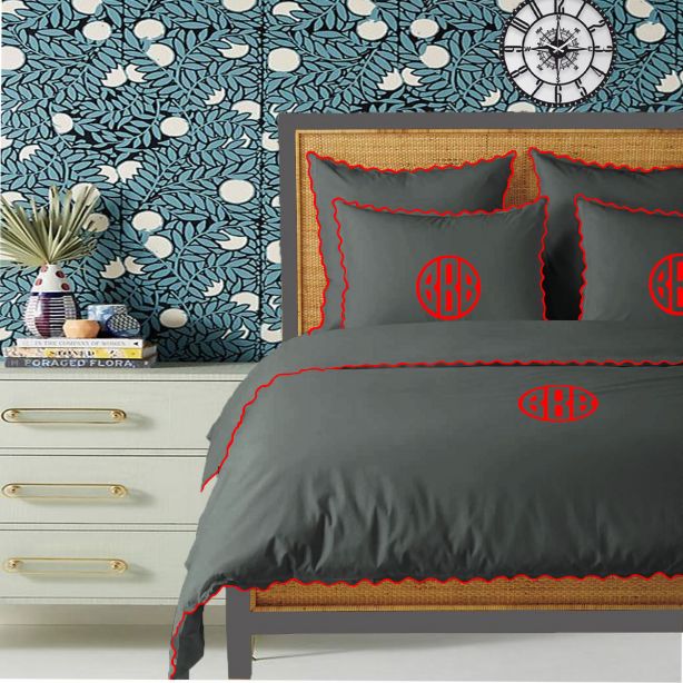 Parure de couette Monogram gris foncé, 400 fils, coton avec broderie à petites feston