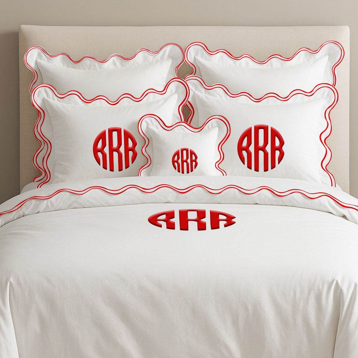 Housse de couette luxueuse en coton à monogramme et double feston