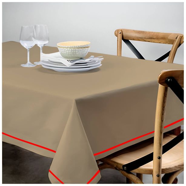 Nappe unie en satin de coton avec bordure brodée simple - Taupe
