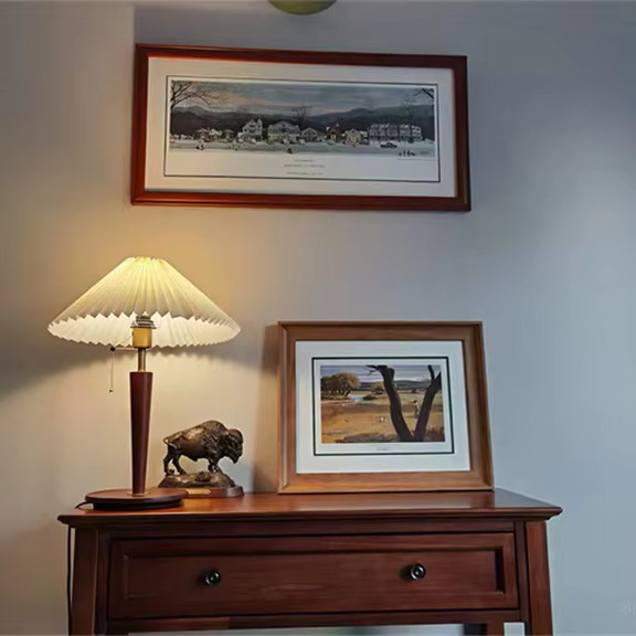 Pleated Fabric Shade & Wood Table Lamp | Vintage Brass Desk Light