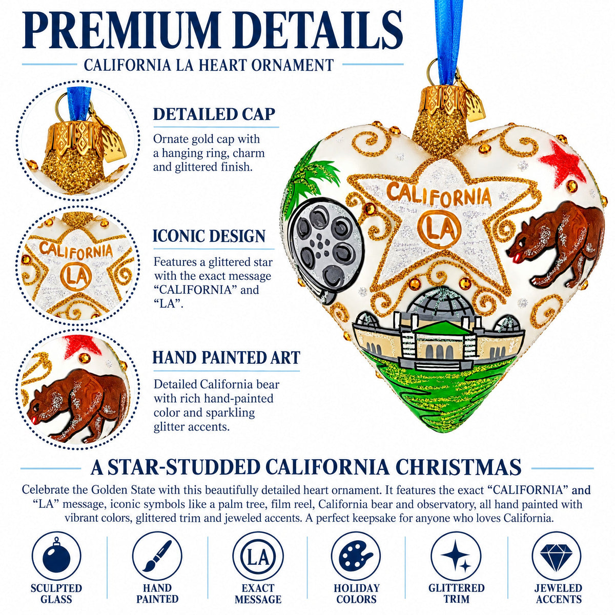 Los Angeles Landmarks & Symbols Glass Heart Christmas Ornament