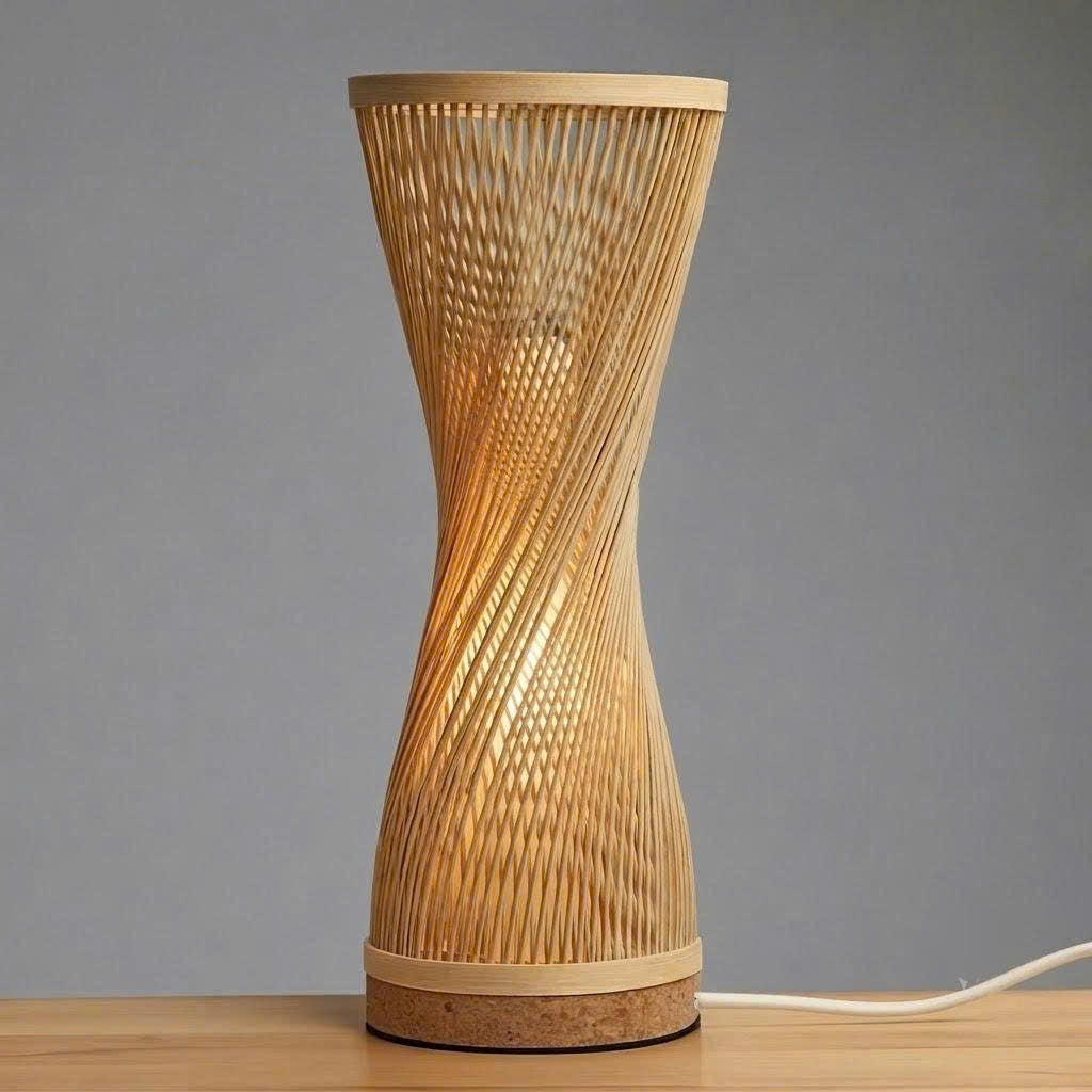 Handcrafted Bamboo Hourglass Table Lamp | Spiral Woven Accent Desk Light