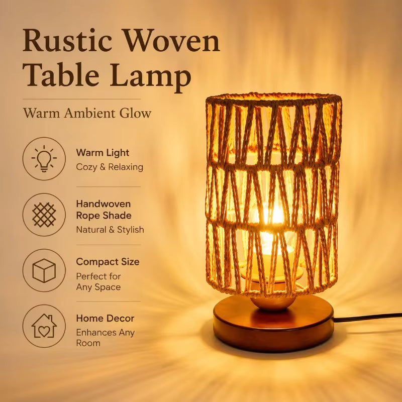 Hemp Rope Woven Table Lamp | Rustic Wooden Base Desk Light