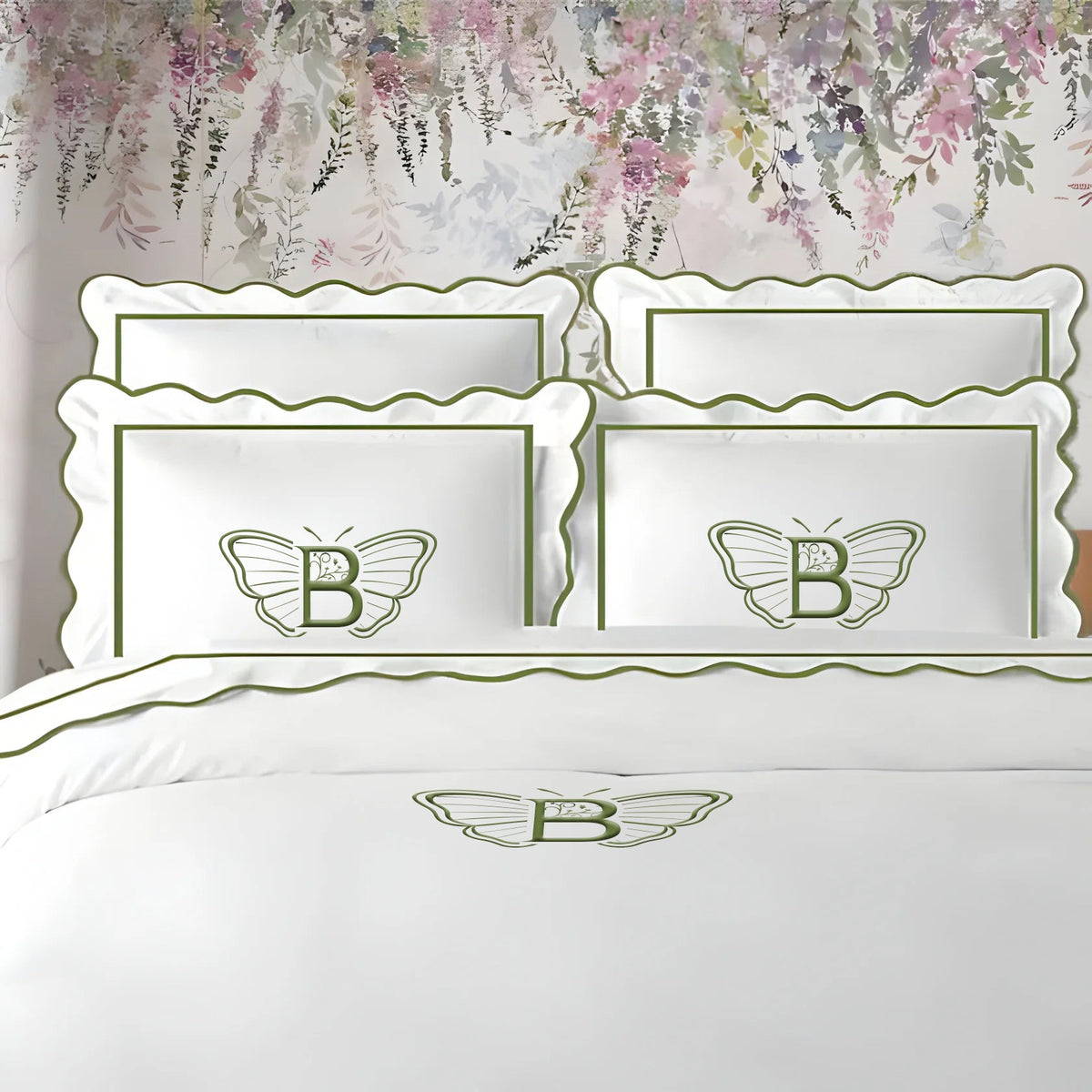 Parure de housse de couette unie en satin de coton 400 fils avec monogramme, broderie festonnée et bordure
