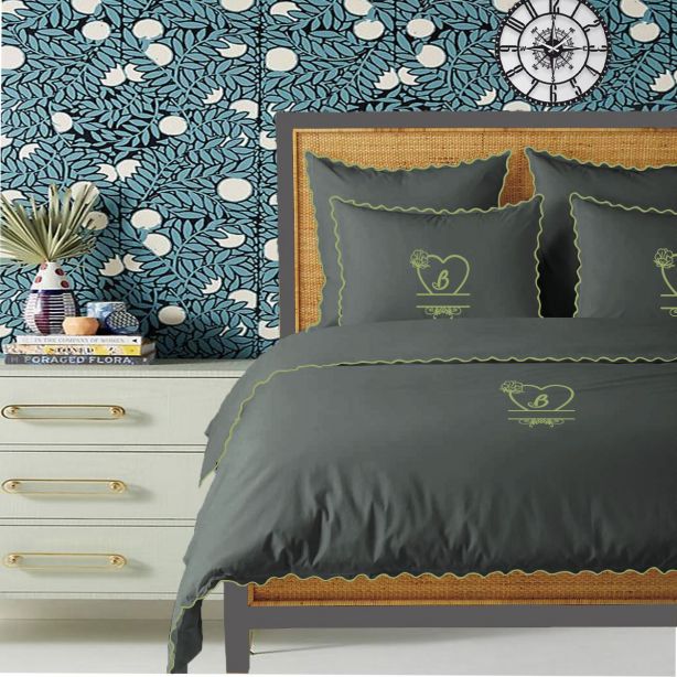 Parure de couette Monogram gris foncé, 400 fils, coton avec broderie à petites feston