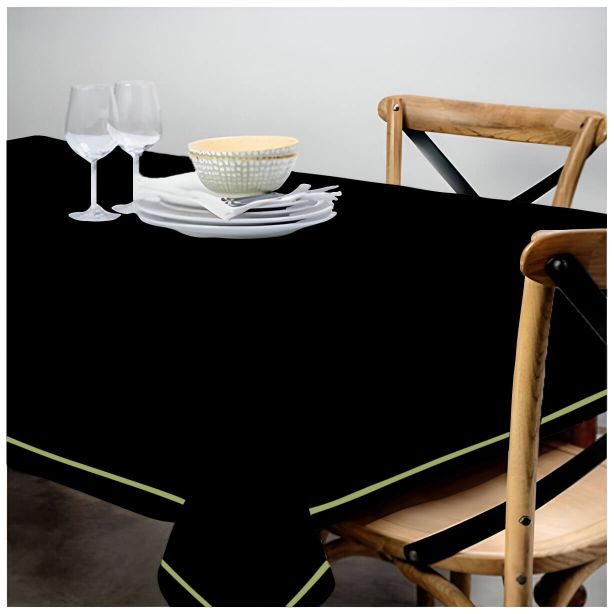 Nappe unie en satin de coton avec bordure brodée simple - Noir