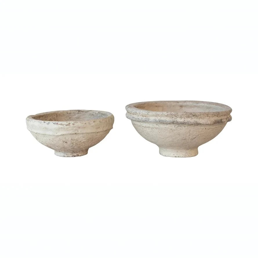 Lot de 2 bols décoratifs trouvés en papier mâché – finition blanc vieilli