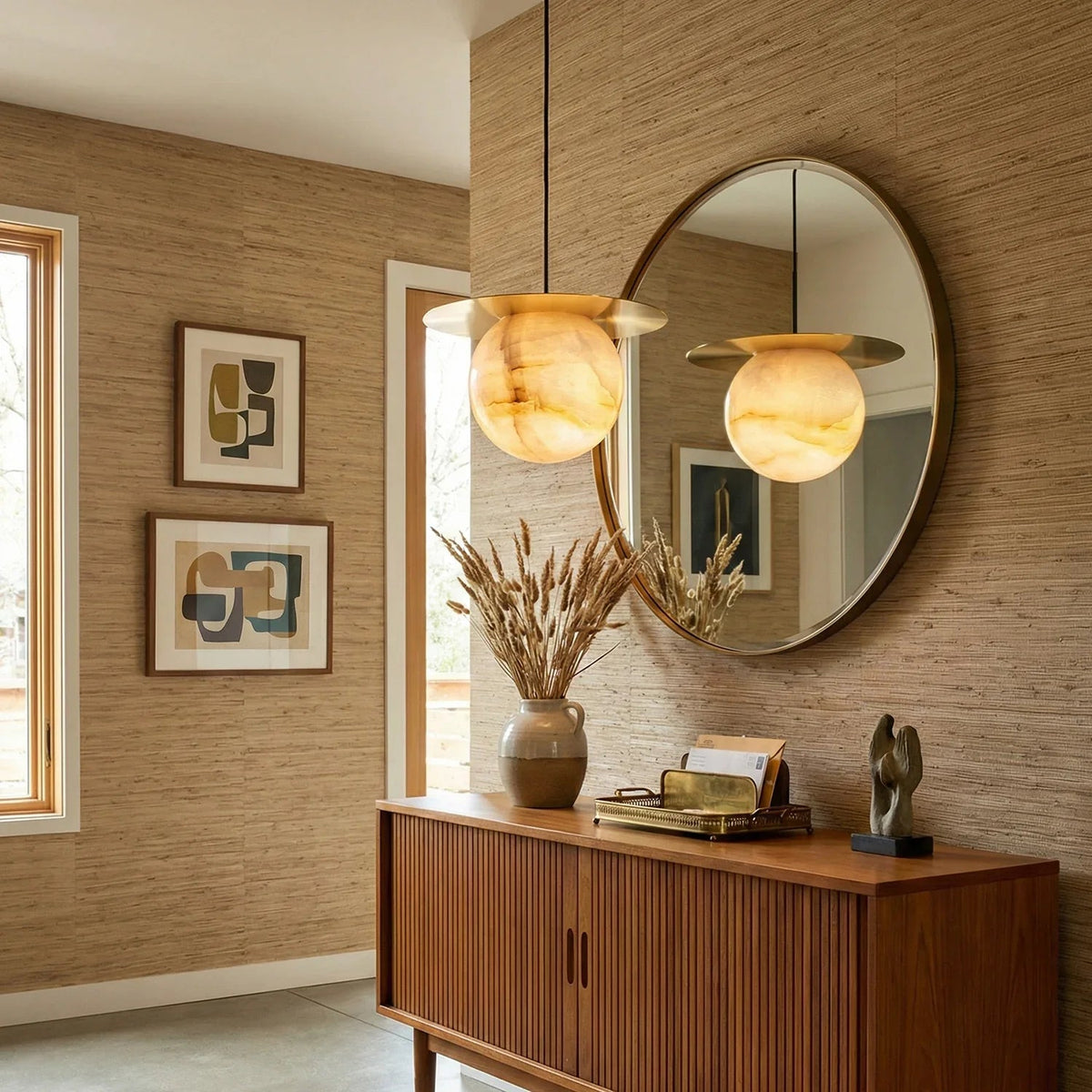 Spherical Alabaster Saturn Disc Pendant Light