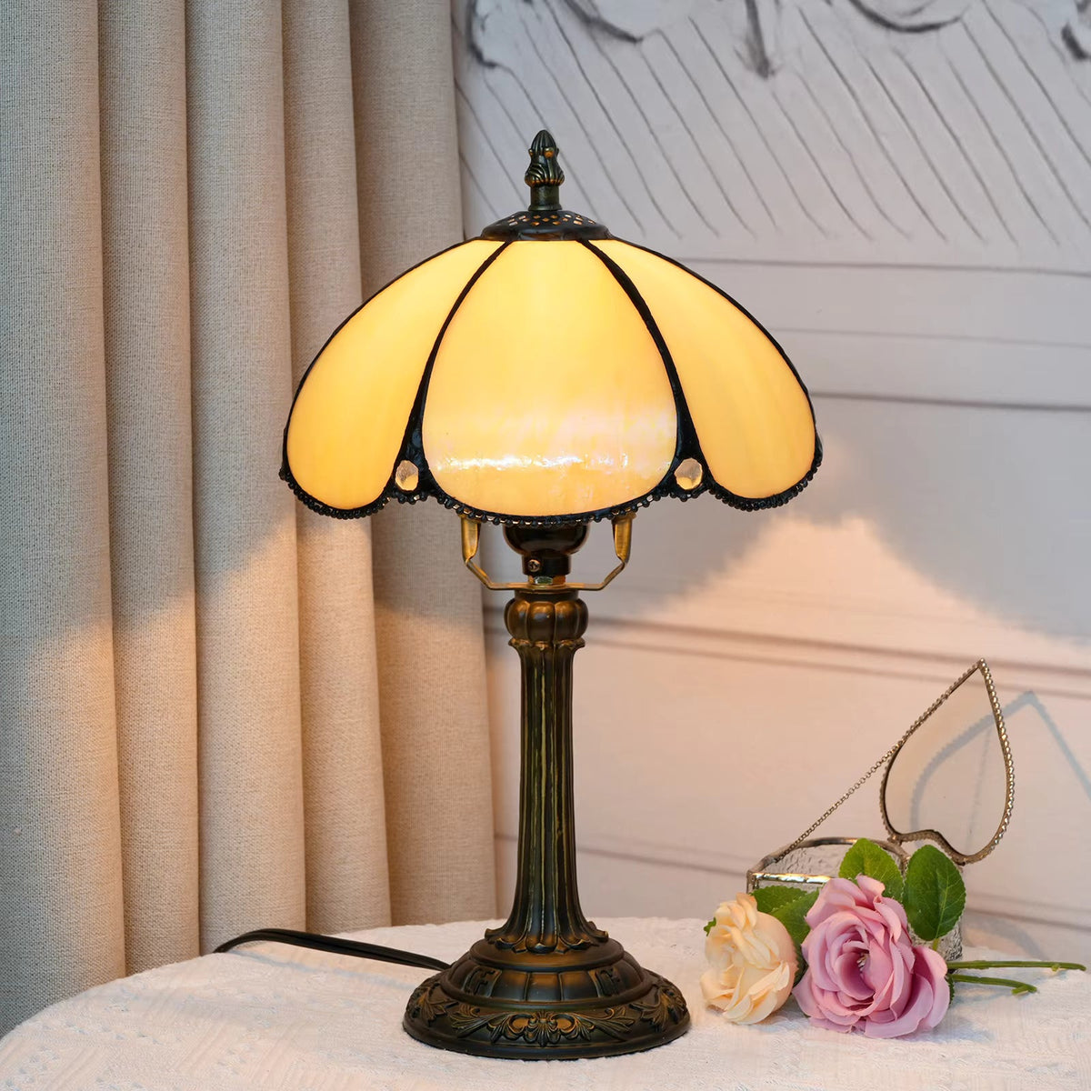 Classic Amber Art Glass Table Lamp | Antique Bronze Finish Resin Desk Light