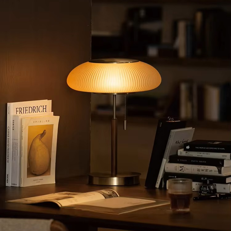 Pleated Glass & Wood Table Lamp | Vintage Brass Desk Light