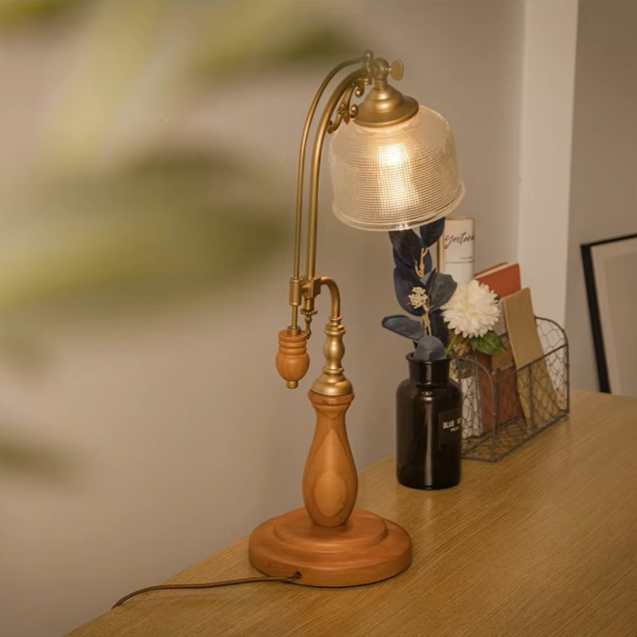 Vintage Goose-Neck Glass & Wood Table Lamp | Retro Desk Light