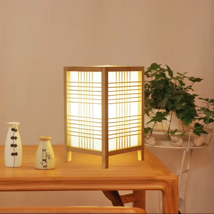 Japanese Shoji Wood & Fabric Table Lamp | Minimalist Grid Desk Light