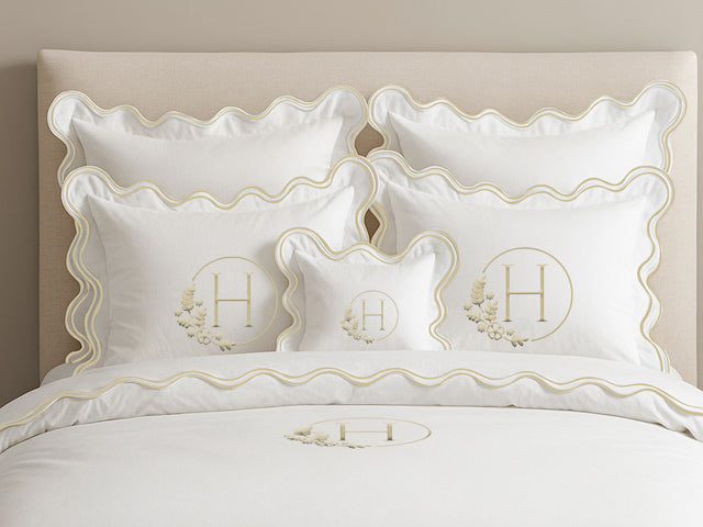 Housse de couette luxueuse en coton à monogramme et double feston