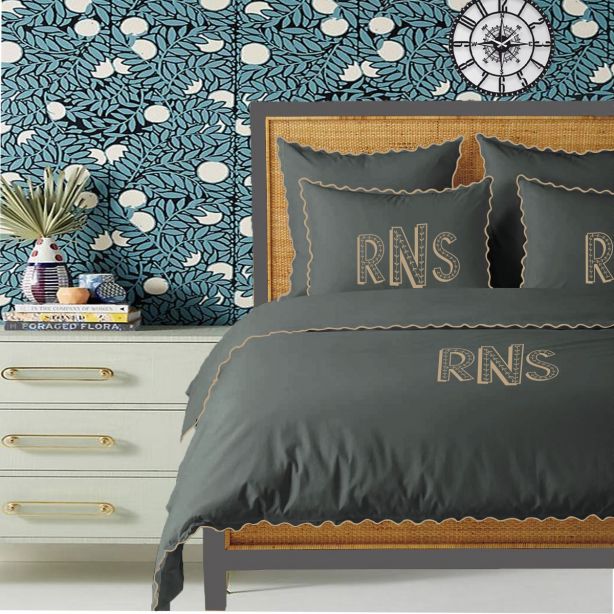 Parure de couette Monogram gris foncé, 400 fils, coton avec broderie à petites feston