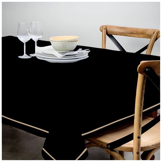 Nappe unie en satin de coton avec bordure brodée simple - Noir